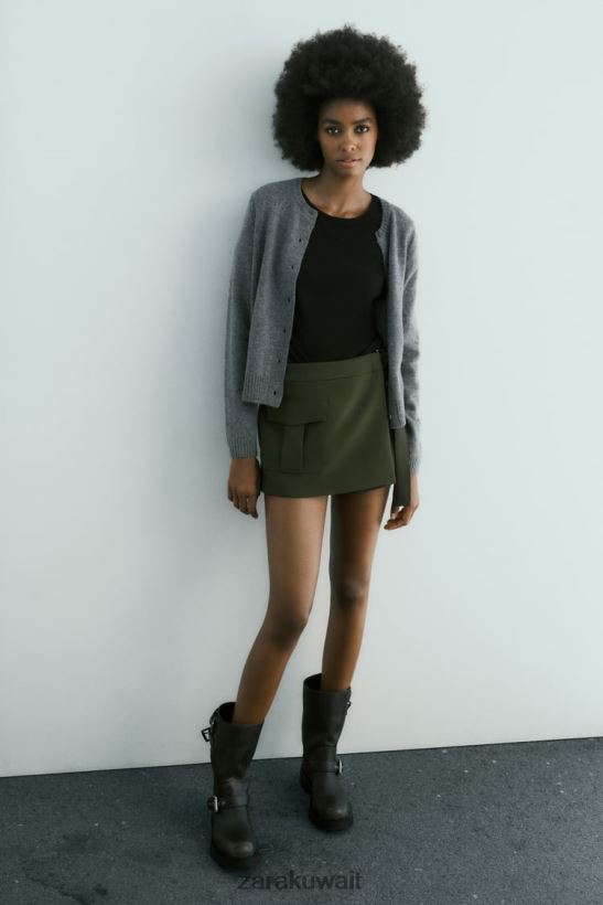 Zara تنورة البضائع بحزام نحيف الكاكي الداكن ملابس 6L6LL8542