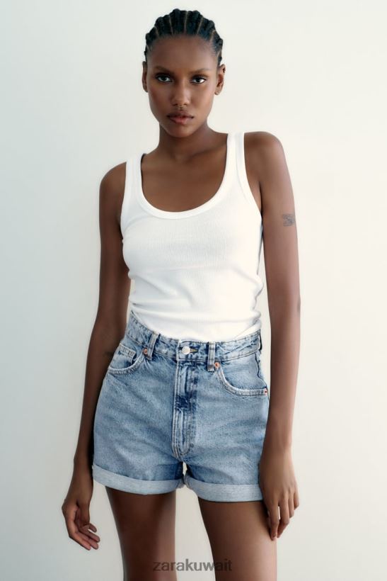 Zara تي آر إف شورت جينز عالي الخصر مناسب للأم نحيف أزرق ملابس 6L6LL8546