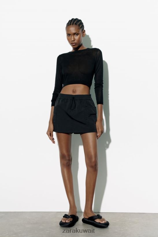 Zara تنورة نايلون نحيف أسود ملابس 6L6LL8557