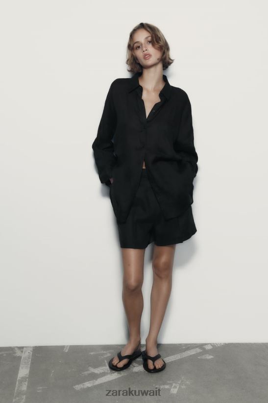 Zara شورت من مزيج الكتان عالي الارتفاع نحيف أسود ملابس 6L6LL8559