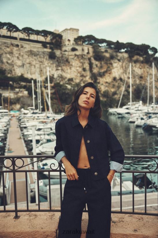 Zara سترة قصيرة من مزيج الكتان نحيف الأزرق الداكن ملابس 6L6LL858