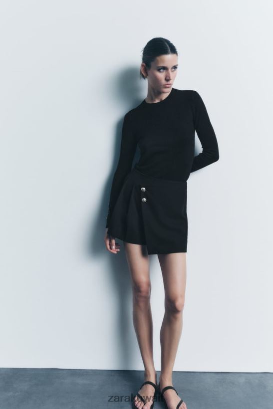 Zara تنورة مقسمة بأزرار نحيف أسود ملابس 6L6LL8582