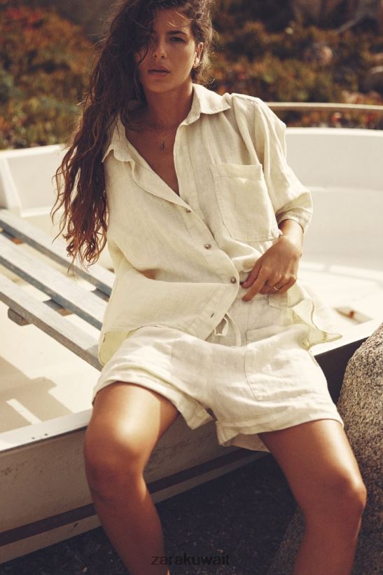 Zara شورت كتان مع جيوب نحيف أصفر باستيل ملابس 6L6LL8583