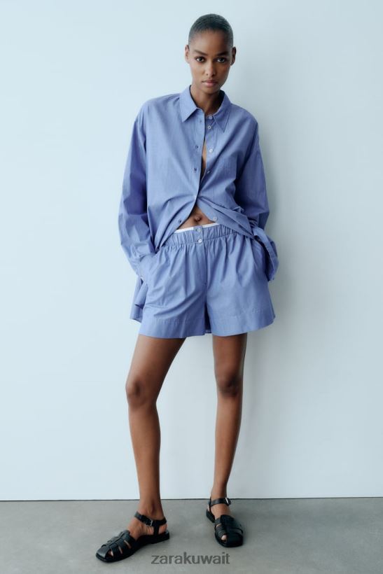 Zara شورت بوبلين مخطط نحيف أزرق ملابس 6L6LL8600