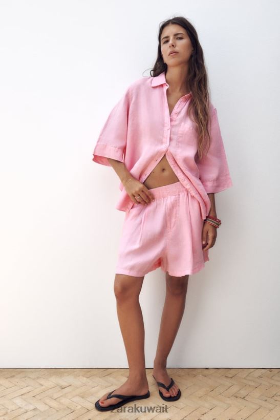 Zara شورت كتان بحلقة حزام نحيف علكة ملابس 6L6LL8607