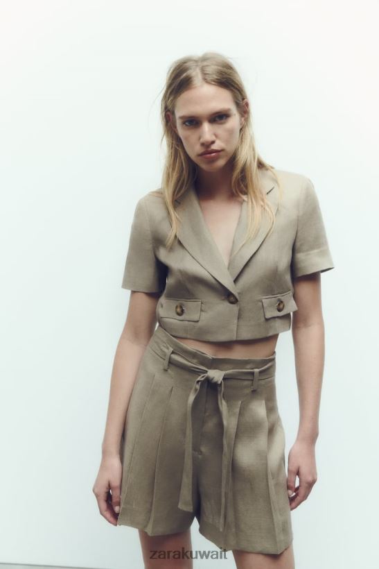 Zara شورت كتان مربوط نحيف اللون البيج ملابس 6L6LL8616