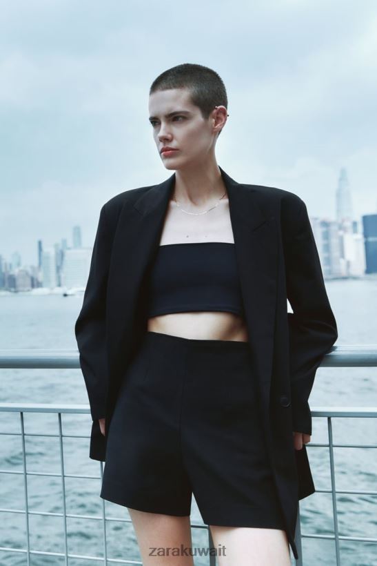 Zara شورت عالي الخصر نحيف أسود ملابس 6L6LL8626