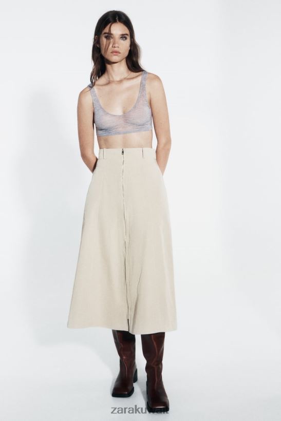Zara تنورة كيب بسحاب نحيف البيج الفاتح ملابس 6L6LL8643