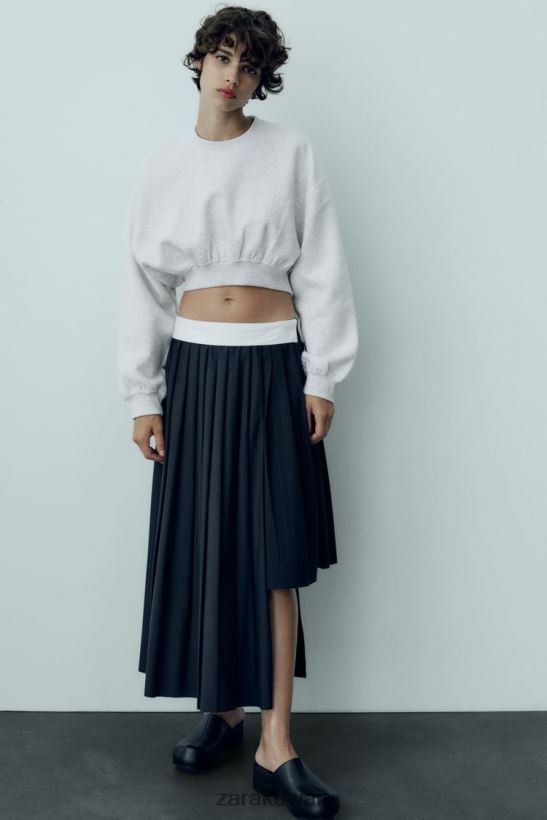 Zara تنورة مربعة مقلمة بطيات نحيف أزرق ملابس 6L6LL8652