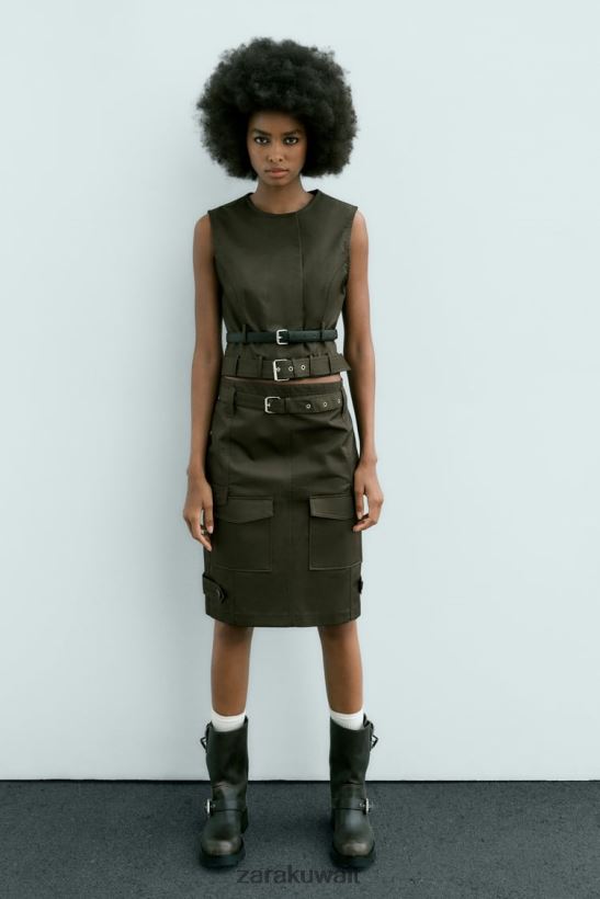 Zara تنورة جيب ميدي نحيف منتصف الكاكي ملابس 6L6LL8655