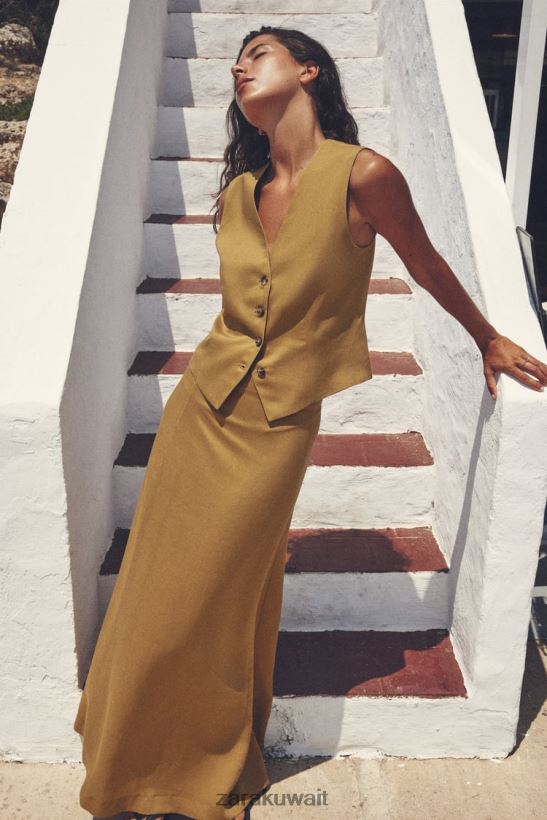 Zara تنورة ميدي من مزيج الكتان نحيف أخضر زيتوني ملابس 6L6LL8666