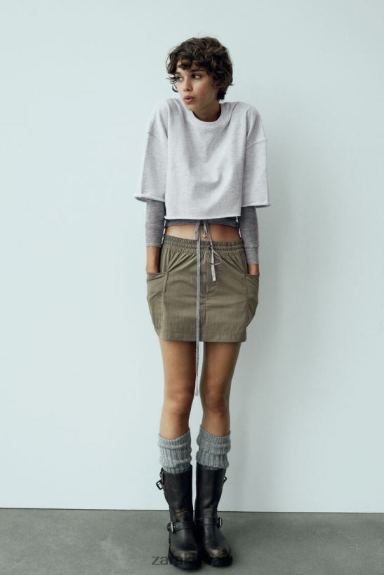 Zara تنورة الجيب نحيف الكاكي الداكن ملابس 6L6LL8689