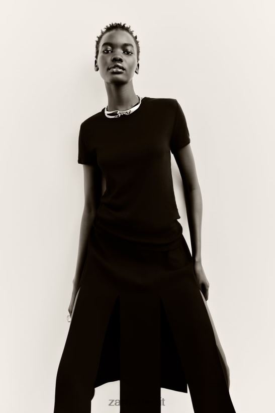 Zara تنورة ميدي مع شرائط نحيف أسود ملابس 6L6LL8690