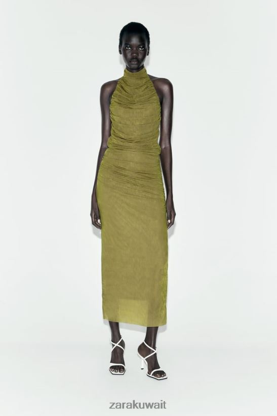 Zara تنورة ميدي الأورجانزا مكشكشة نحيف اخضر فاتح ملابس 6L6LL8692