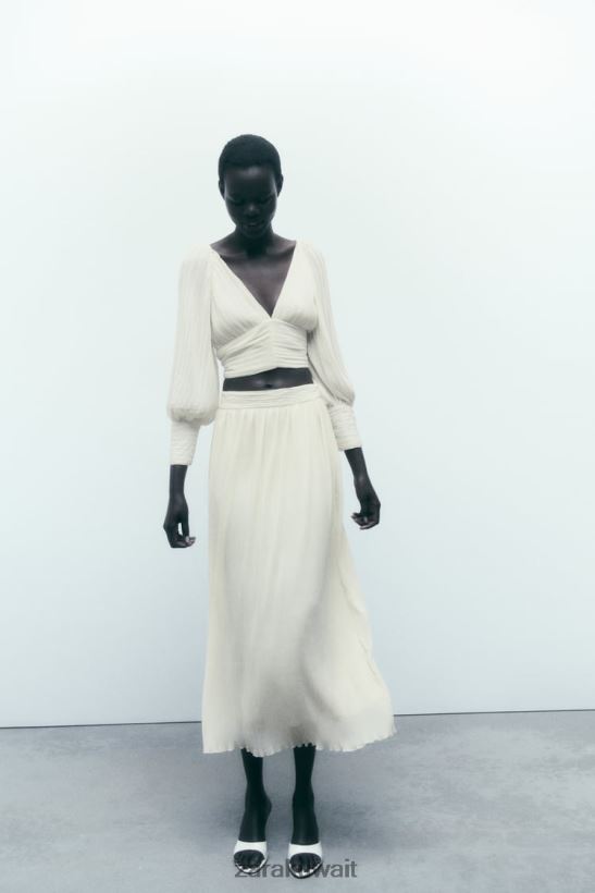 Zara تنورة ميدي مطوية نحيف المحار الأبيض ملابس 6L6LL8700