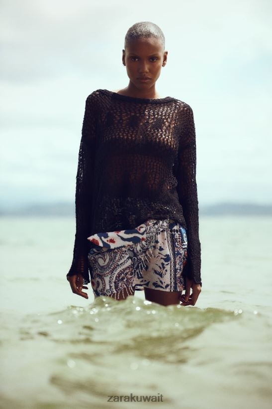 Zara طباعة مهدب تنورة صغيرة نحيف أزرق أبيض ملابس 6L6LL8714