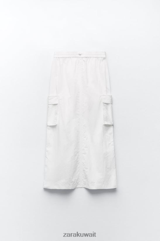 Zara تنورة ميدي من النايلون نحيف أبيض ملابس 6L6LL8719