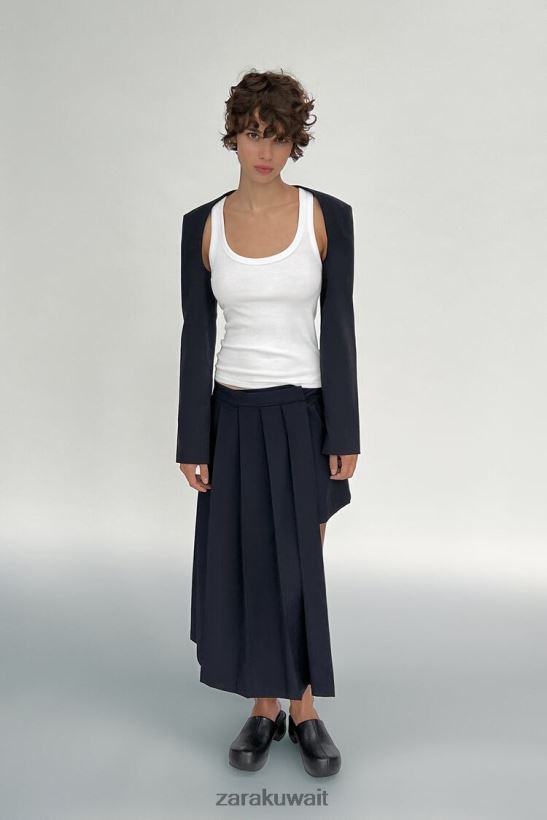 Zara تنورة مطوي غير متكافئة نحيف البحرية المظلمة ملابس 6L6LL8724