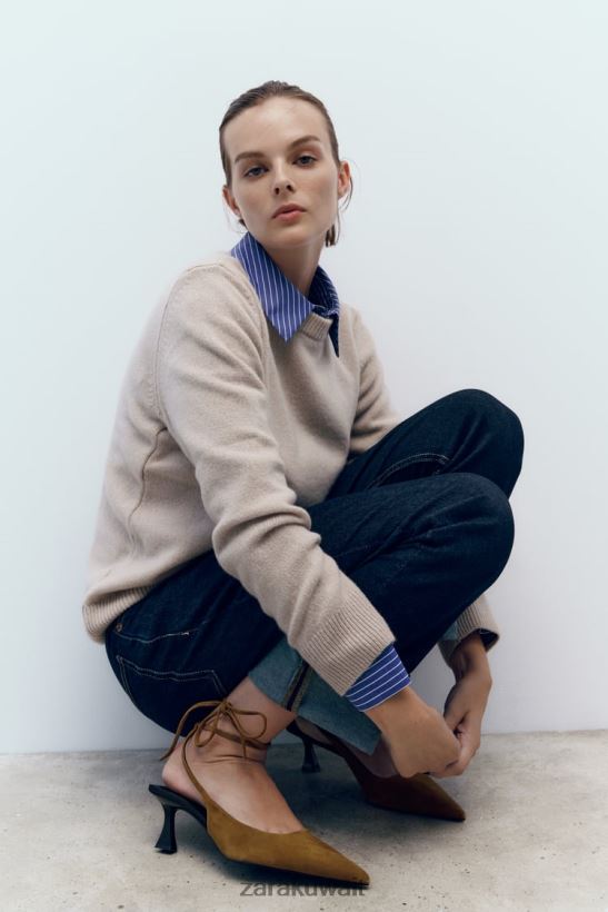 Zara كعب جلدي بأربطة نحيف بني أحذية 6L6LL8736