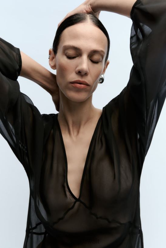 Zara فستان طويل شبه شفاف نحيف أسود ملابس 6L6LL8829