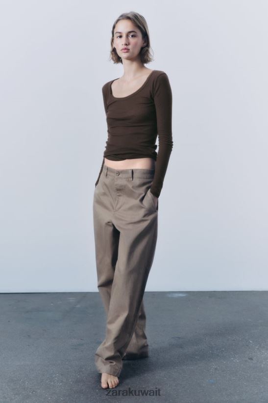 Zara قميص مضلع ممتاز نحيف بني ملابس 6L6LL8831