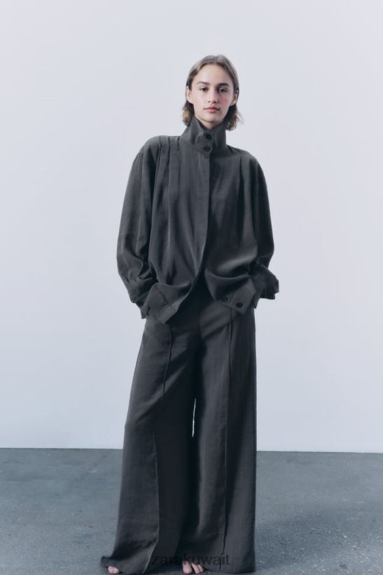 Zara بنطال واسع الساق بكسرات نحيف رمادي ملابس 6L6LL8832