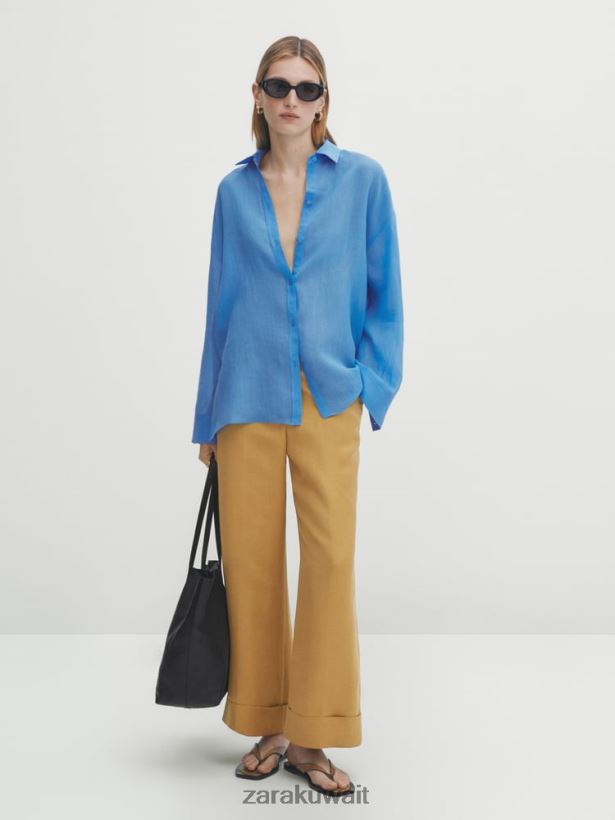 Zara سراويل البدلة مع حواف مطوية نحيف شامبانيا ملابس 6L6LL8840