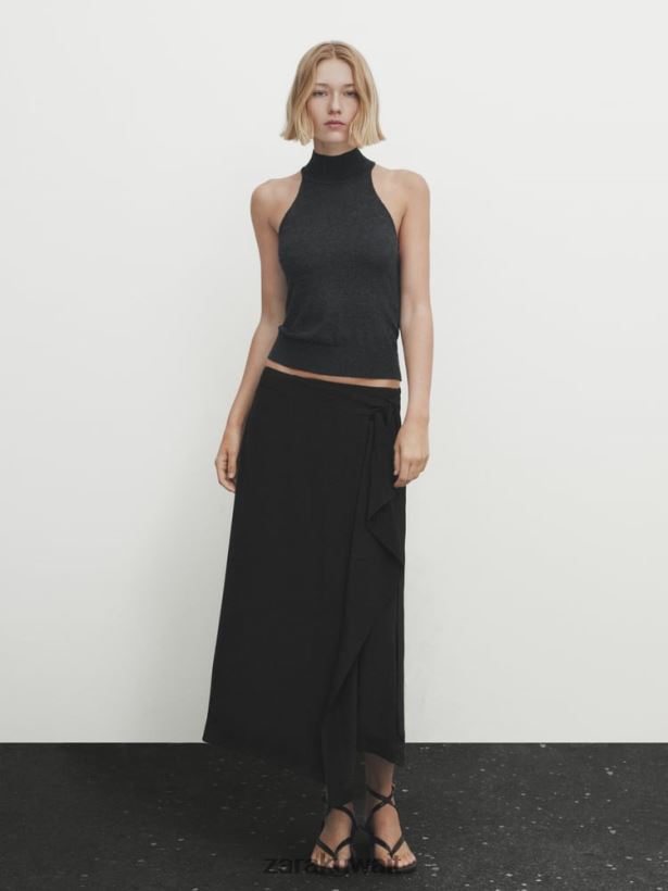 Zara تنورة ميدي متدفقة بلون مغاير نحيف أسود ملابس 6L6LL8844