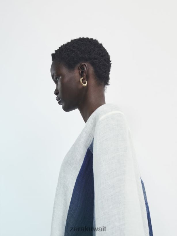 Zara قميص من مزيج الكتان المحبوك بنقشة الوافل متباين اللون نحيف أبيض ملابس 6L6LL8847