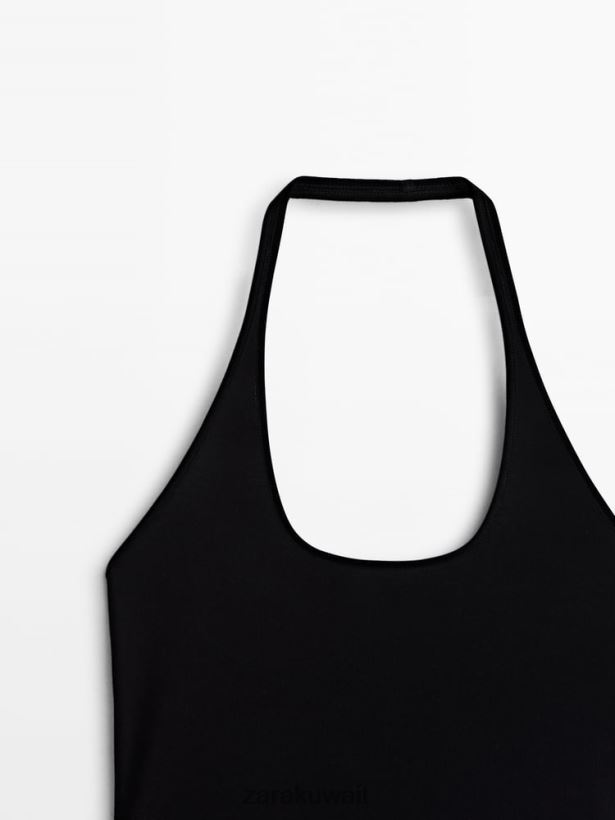 Zara الجزء العلوي من القطن مع خط رقبة مربع نحيف أسود ملابس 6L6LL8852