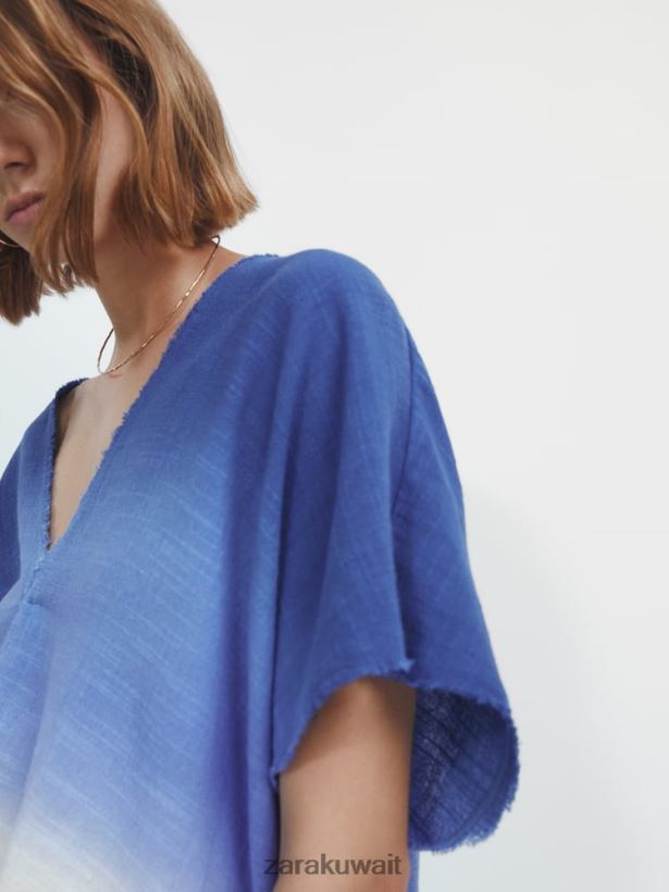 Zara قميص ريفي بأكمام قصيرة أومبير نحيف السماء الزرقاء ملابس 6L6LL8856