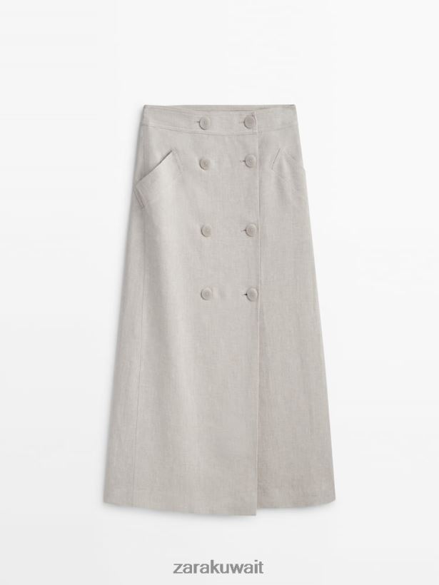 Zara تنورة ميدي من مزيج الكتان بأزرار مزدوجة نحيف بيج فاتح ملابس 6L6LL8857