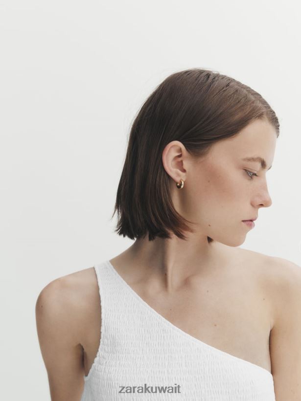 Zara فستان ميدي من البوبلين غير متماثل نحيف أبيض ملابس 6L6LL8859