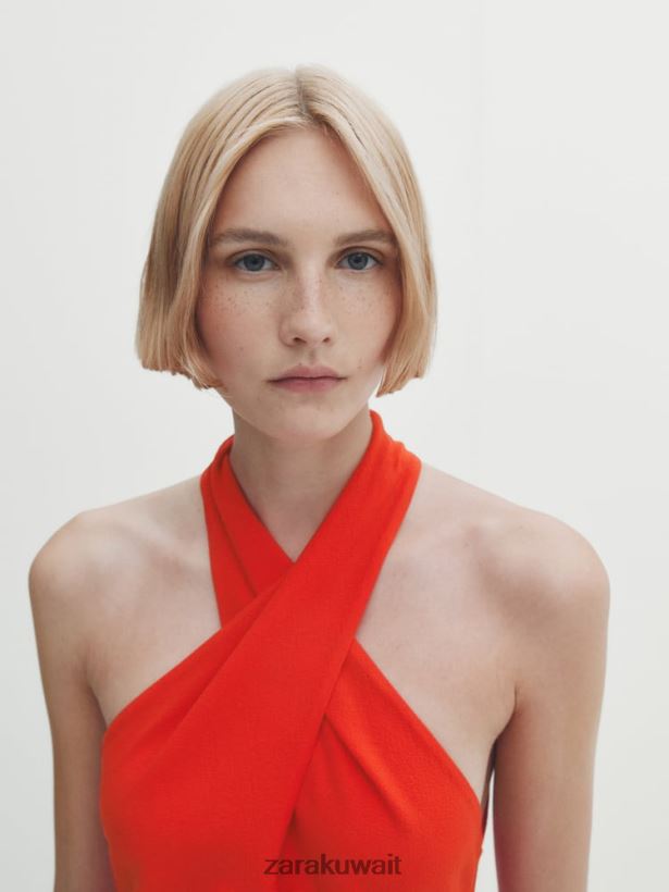 Zara فستان بحمالة عنق متقاطع ومجمع نحيف البرتقالي ملابس 6L6LL8860