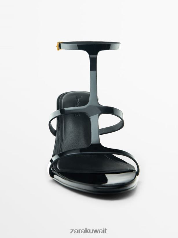 Zara صندل بكعب بأربطة بلمسة نهائية حاصلة على براءة اختراع نحيف أسود أحذية 6L6LL8861