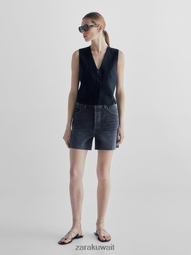 Zara شورت جينز عالي الخصر مع جيب جلدي نحيف منتصف الأزرق ملابس 6L6LL8865