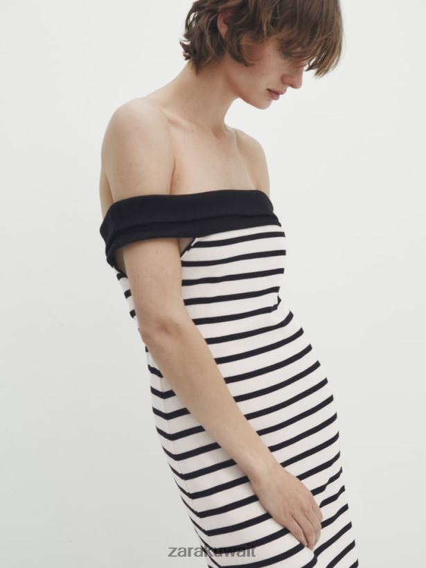 Zara فستان ميدي مخطط مع رقبة قارب متباينة نحيف المحار الأبيض ملابس 6L6LL8866