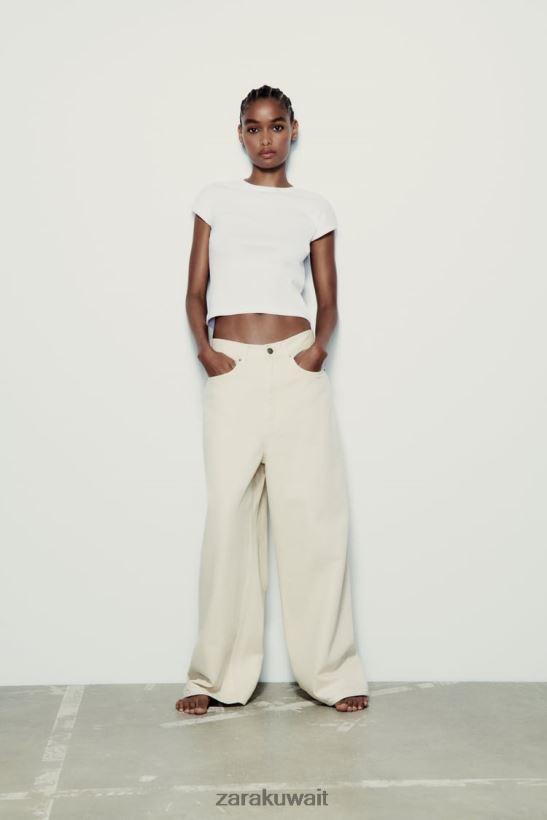 Zara تي شيرت من القطن المضلع نحيف أبيض ملابس 6L6LL8875