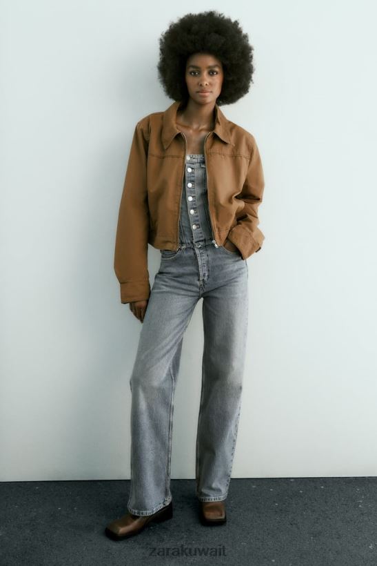 Zara سترة قصيرة من القطن المشمع نحيف بني ملابس 6L6LL888