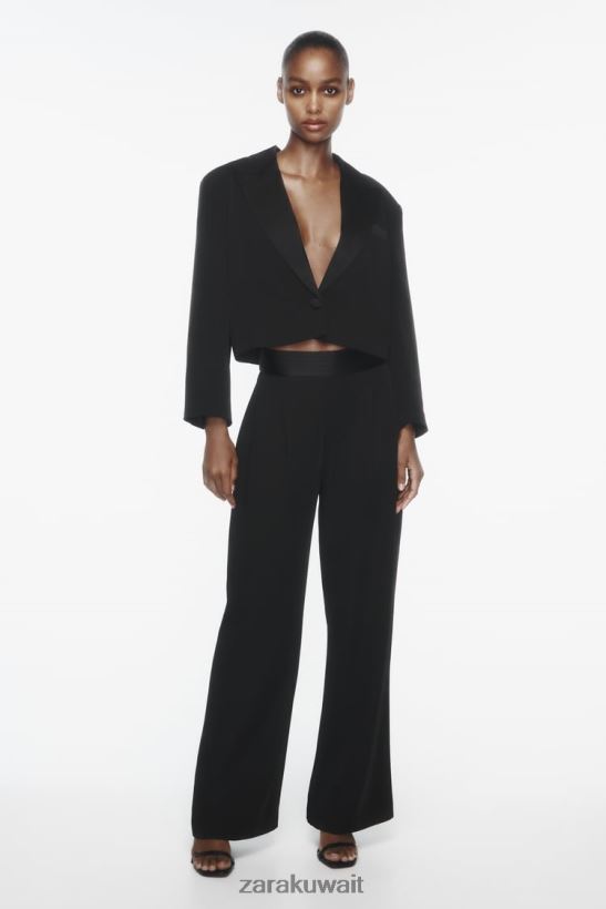 Zara بليزر بتأثير الساتان وطية صدر قصيرة نحيف أسود ملابس 6L6LL8894