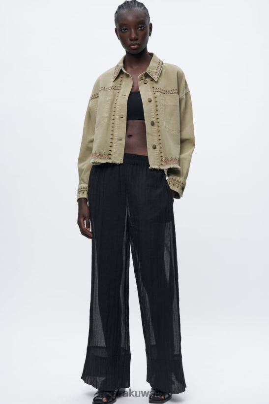 Zara قميص مطرز نحيف الكاكي ملابس 6L6LL890