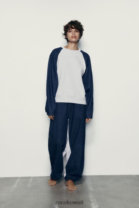 Zara بنطال رياضي من الدنيم متباين نحيف رمادي/أزرق ملابس 6L6LL8918