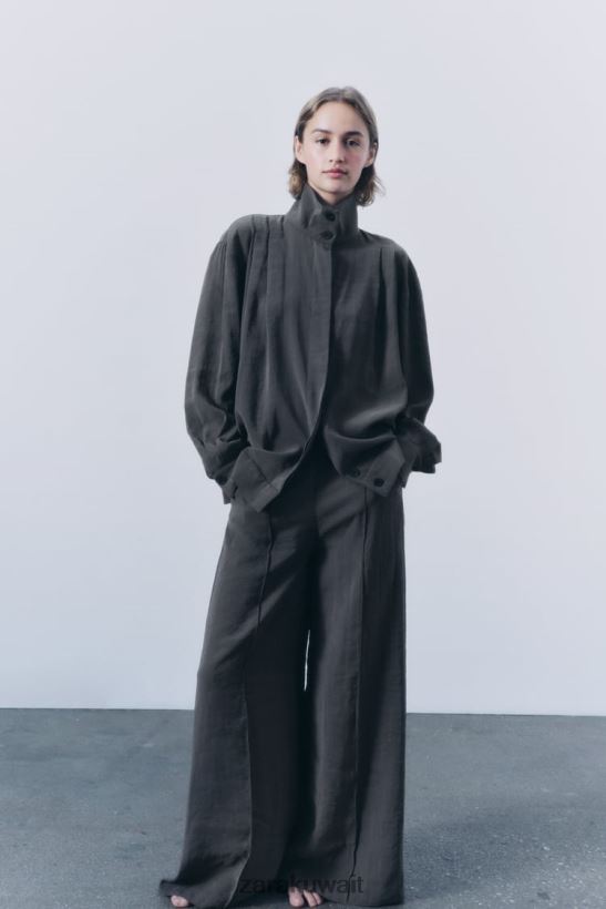 Zara قميص مطوي نحيف رمادي ملابس 6L6LL8922