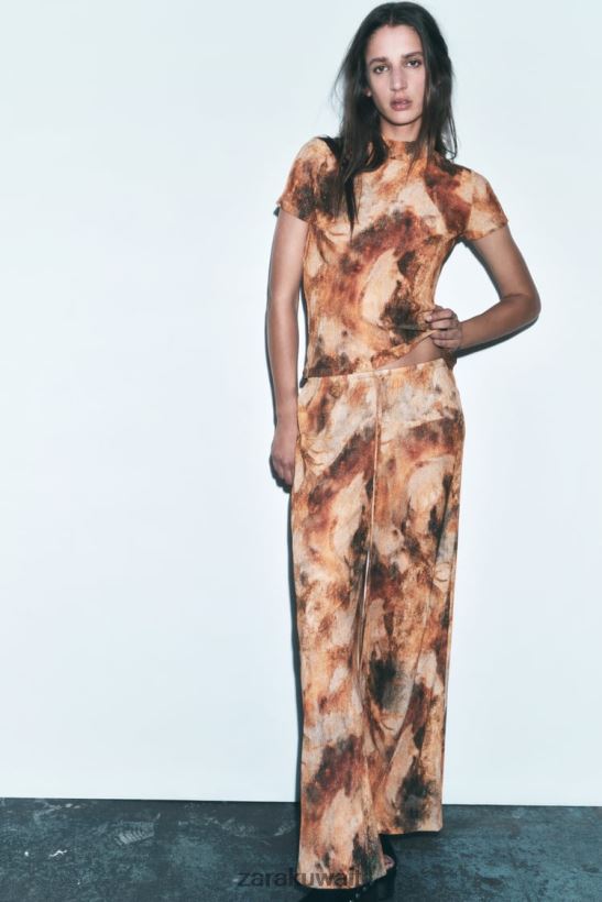 Zara السراويل المطبوعة مع الطيات نحيف الكاكي ملابس 6L6LL8924