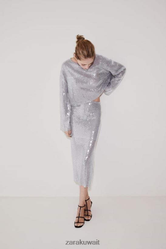 Zara تي شيرت الترتر نحيف رمادي ملابس 6L6LL8930