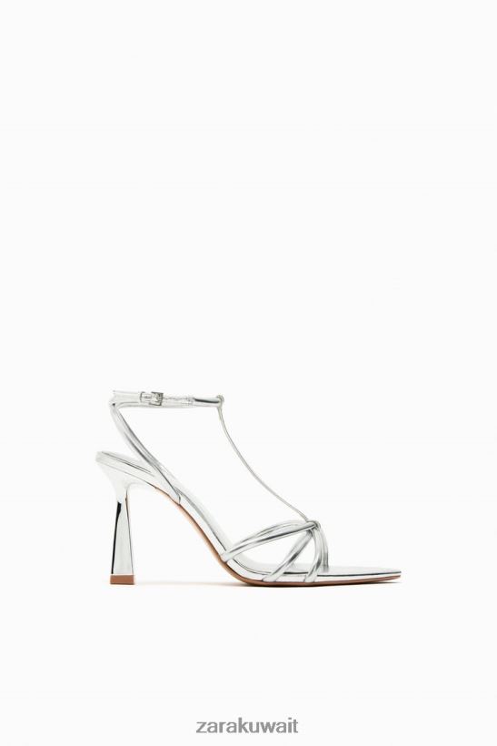 Zara صندل بكعب معدني بأشرطة نحيف فضة أحذية 6L6LL8936
