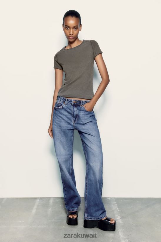 Zara تي شيرت قطن مخيط نحيف أنثراسايت داكن ملابس 6L6LL8942