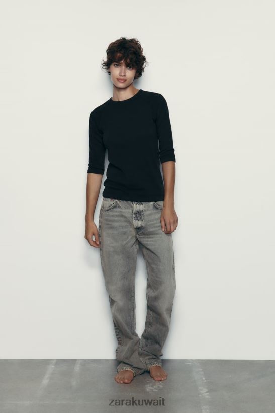 Zara تي شيرت قطن ثقيل الوزن نحيف أسود ملابس 6L6LL8943