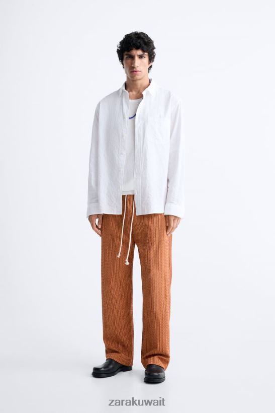 Zara بنطال جاكار هندسي رجال بيج فاتح/أصفر ملابس 6L6LL8961