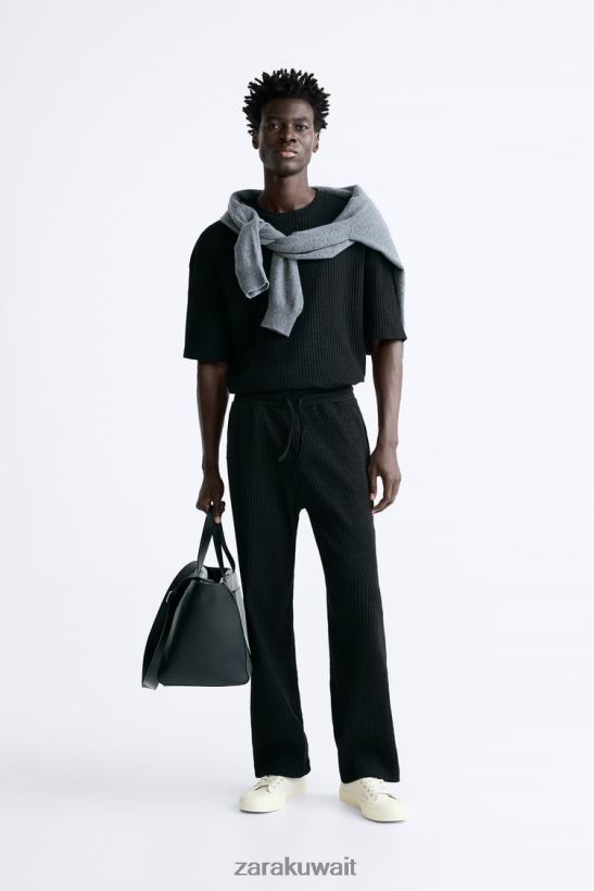 Zara بنطال رياضي مضلع رجال أسود ملابس 6L6LL8963